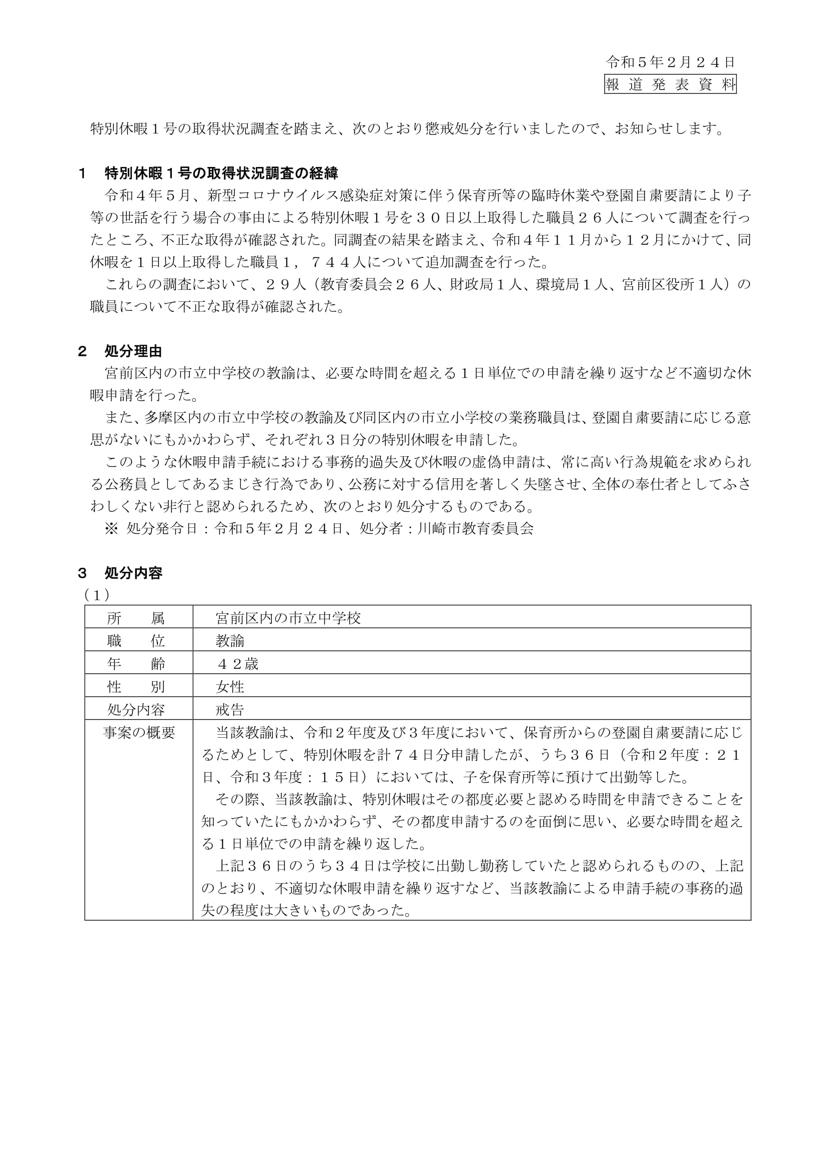 代表質問（抜粋）　特別休暇を不正取得したとする教職員への処分について